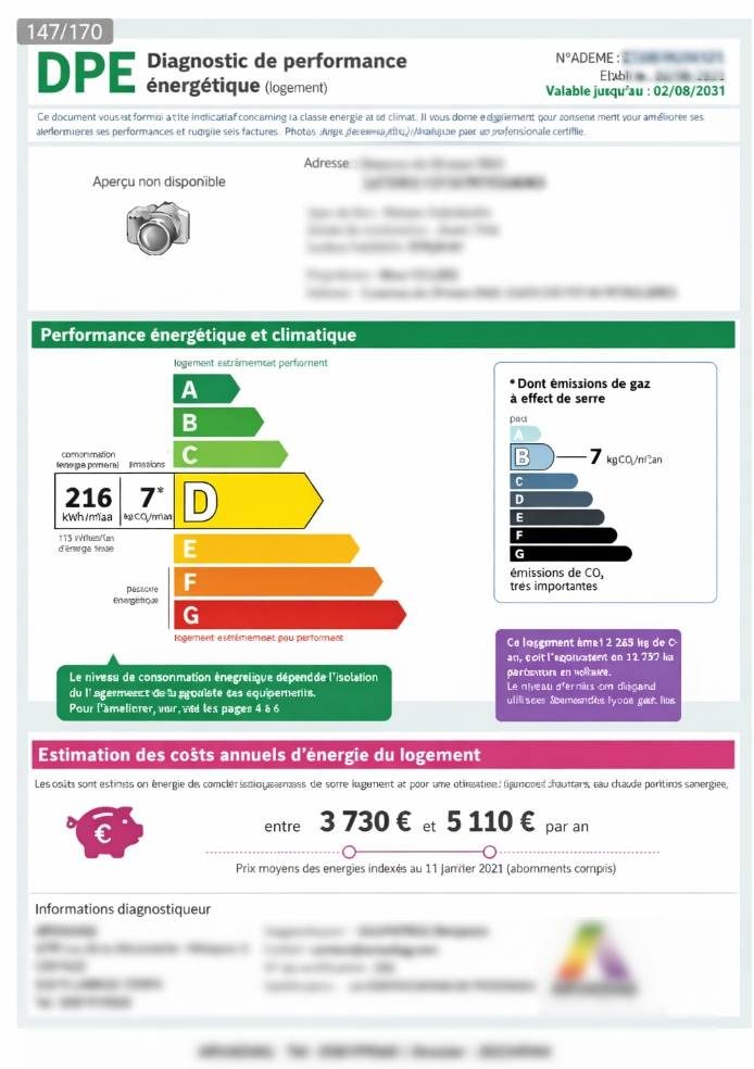 Étiquette du DPE : énergie classe D (216 kWh/m²/an), climat classe B (7 kg CO₂/m²/an)